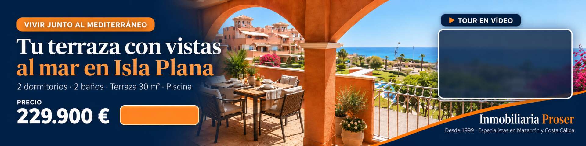 Banner promocional de apartamento en venta en Isla Plana con terraza, vistas al mar, 2 dormitorios, 2 baños, terraza de 30 m² y piscina
